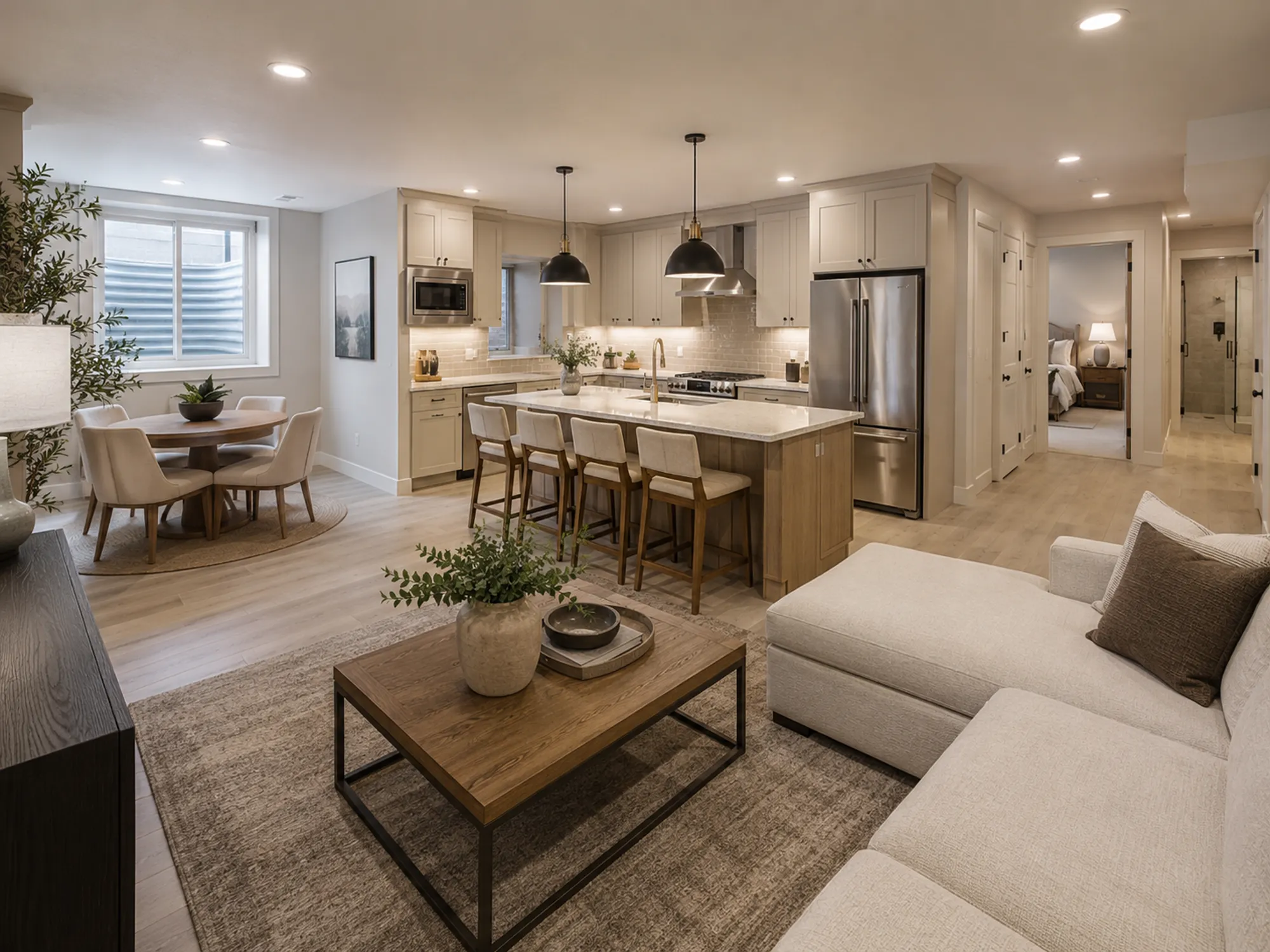 Finished Utah basement with an open kitchen, island seating, and family room
